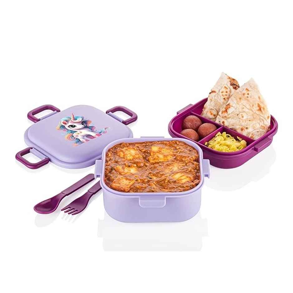 Attro Quick Bite Unicorn Magic Kids Lunch Box 800 ml with 3 Compartments | Fork & Spoon - Lavender