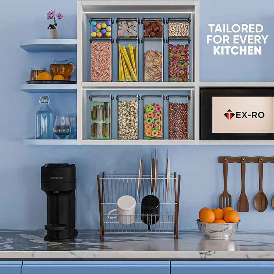 Tex-Ro Black Cap Airtight Plastic Grocery Container For Kitchen Organizer - Pack Of 4