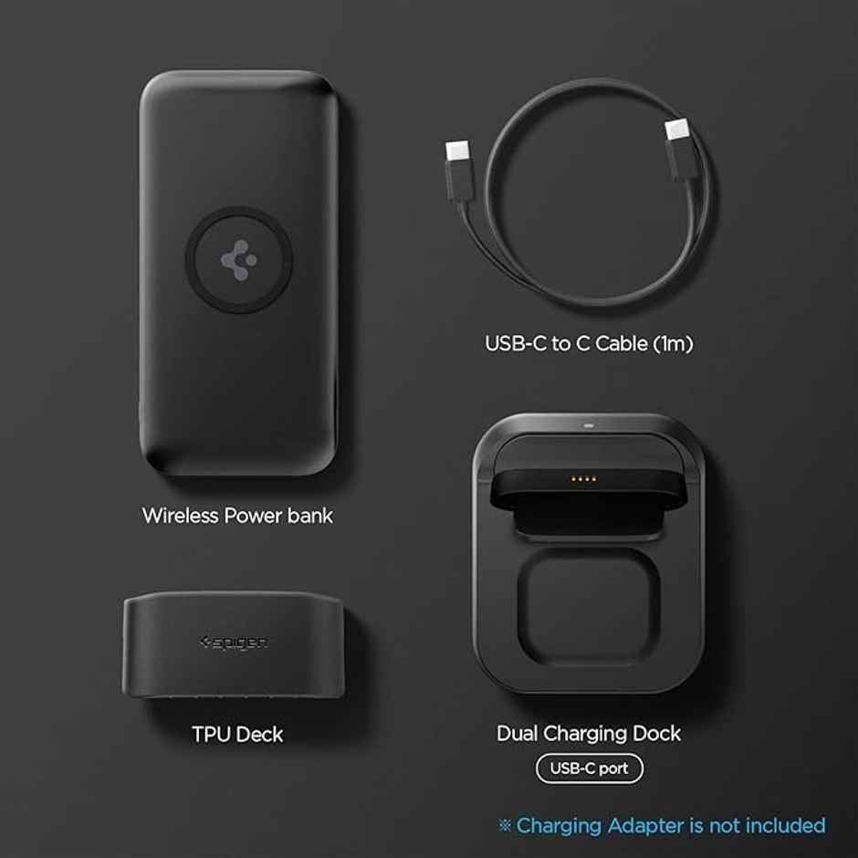 Spigen 5in1 10000 mAh Wireless Power Bank, USB-C Dual Charging Dock | Airpods and Smartwatches-Black