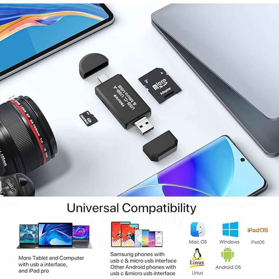 Sounce 3 In 1 Sd Card Reader Usb Type C, Usb 3.0 And Micro Usb Otg Memory Card Adapter,Black