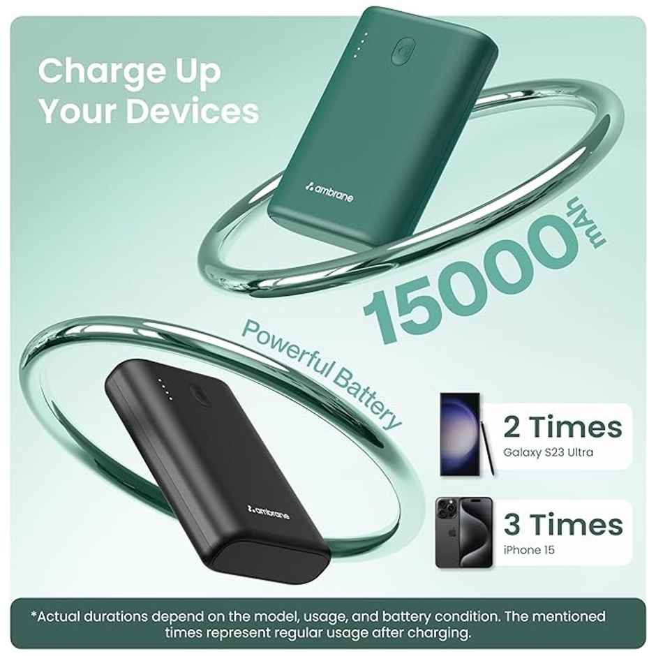 Ambrane 45W Fast Charging Powerbank For Macbook & Type C Laptops, 15000 mAh (Powerlit 45, Green)