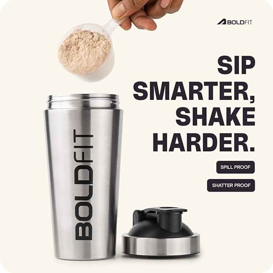 Boldfit Stainless Steel Gym Shaker Bottle Shaker for Protein Shake 100% Leakproof, 700 ml Silver