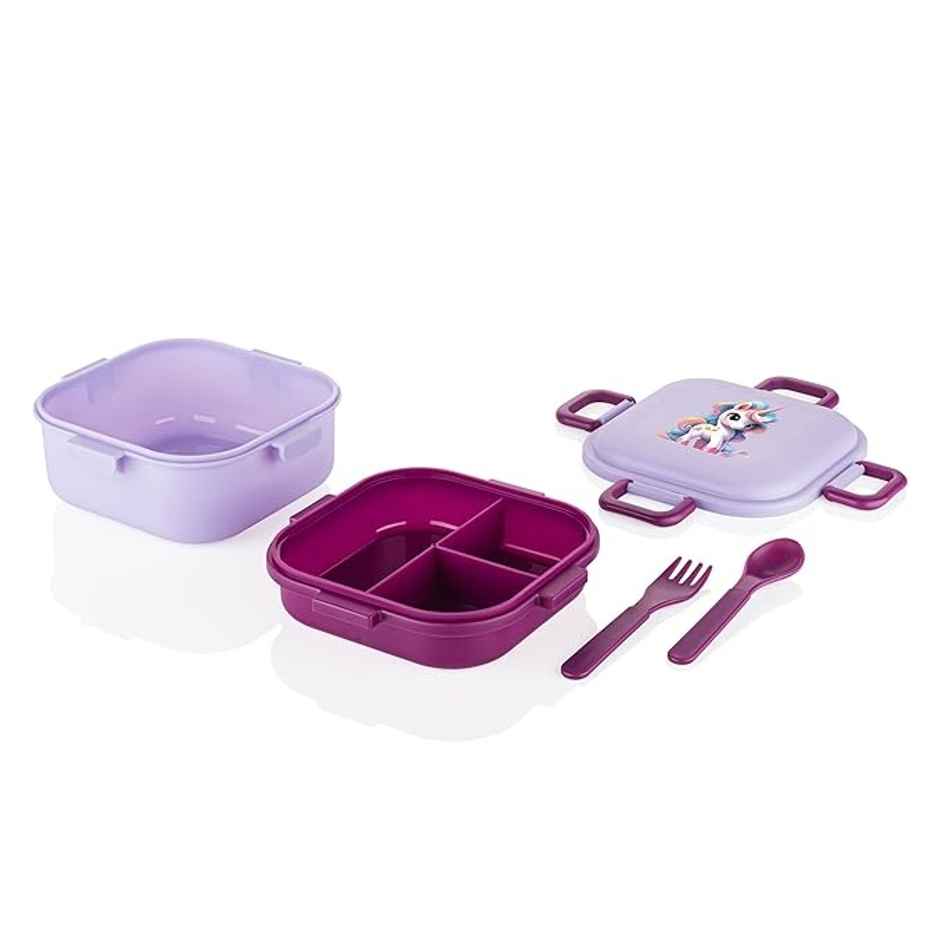 Attro Quick Bite Unicorn Magic Kids Lunch Box 800 ml with 3 Compartments | Fork & Spoon - Lavender