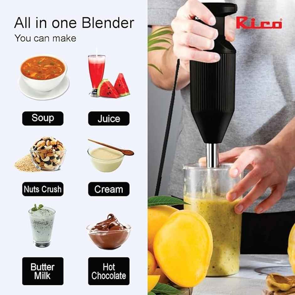 Rico Heavy Duty Portable Hand Blender For Kitchen| 5 Blades|Black
