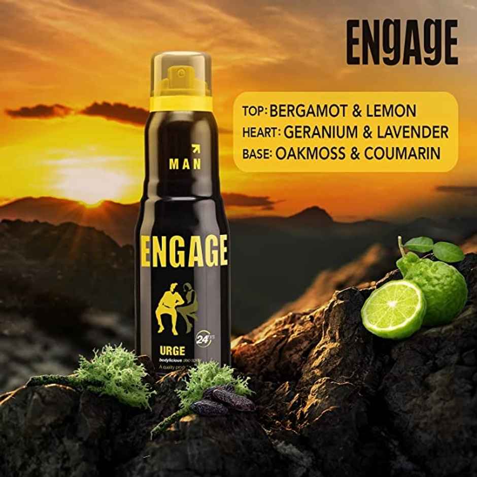 Engage Urge Deodorant For Men, Citrus & Woody, Skin Friendly Deo Spray