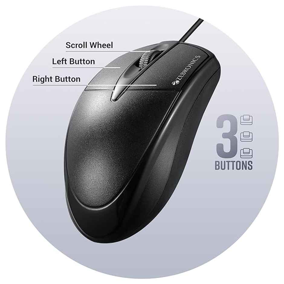 Zebronics Byte Wired Optical Mouse With 3 Buttons, High Precision, 1000 Dpi, Works On Most Surfaces - Black