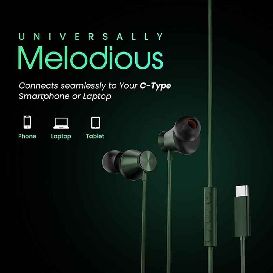 Hammer Nova In Ear C Type Earphones Wired With Mic|13Mm Driver In-Line Control|Metallic Built Green