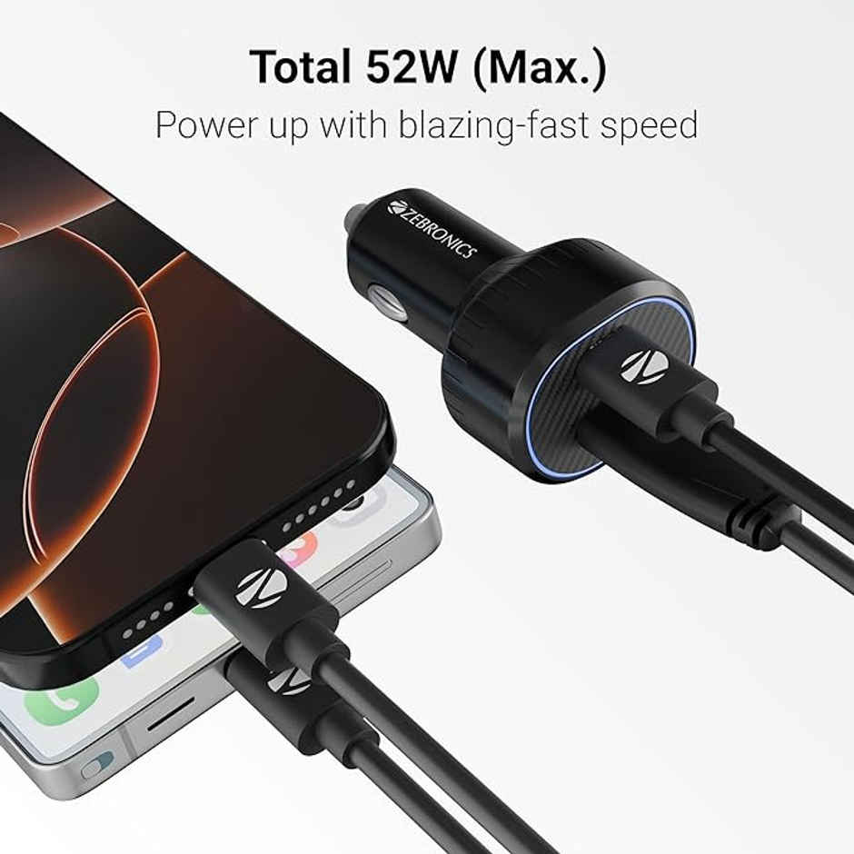 Zebronics CC52 52W Car Charger, Dual USB & Type-C, 1m Type-C Cable, Rapid Charge | Black