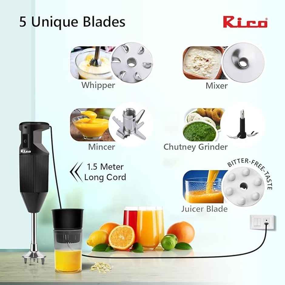 Rico Heavy Duty Portable Hand Blender For Kitchen| 5 Blades|Black