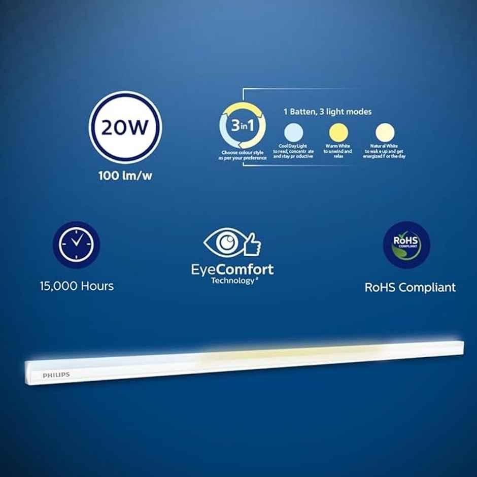 Philips 3-In-1 20 W Led Batten Light (Cool Daylight, Warm White, Natural White)