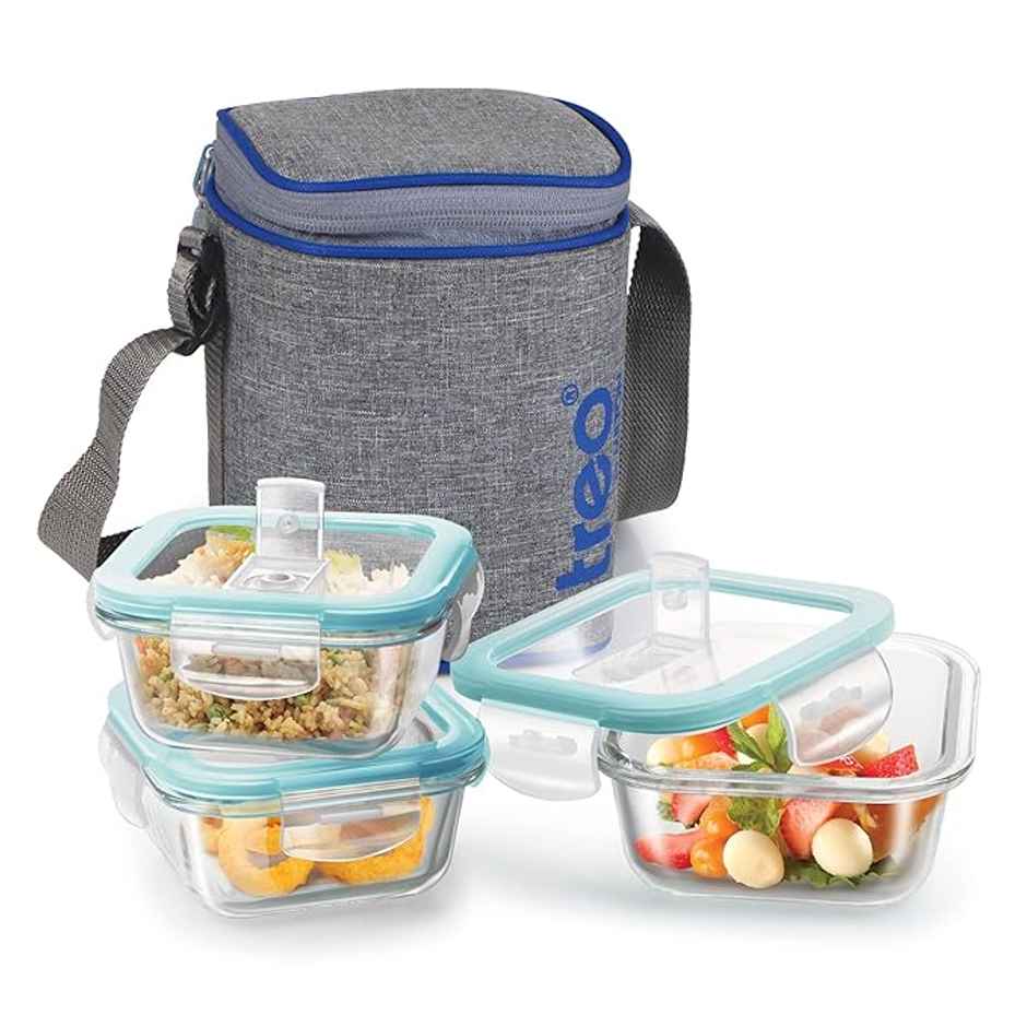 Treo By Milton All Fresh Square Glass Tiffin Containers With Bag, 3 Containers, 320 ml Each, Grey