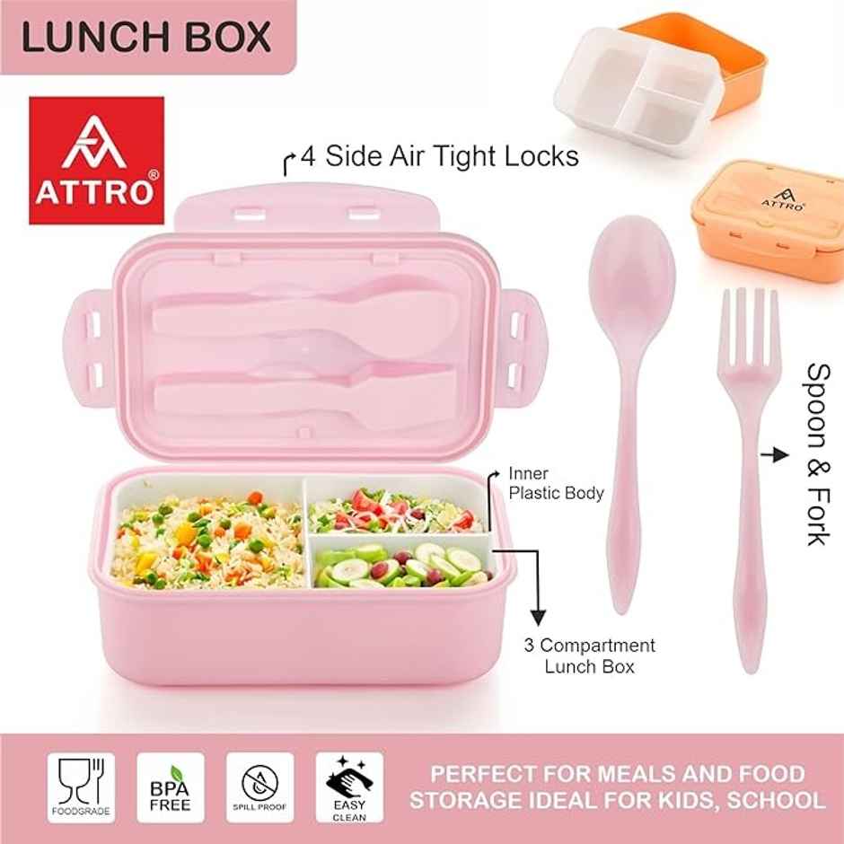 Attro Carbon Lunch Box with 3 Compartment | lid & 2 Spoons BPA Free | 1100 ml - Pink
