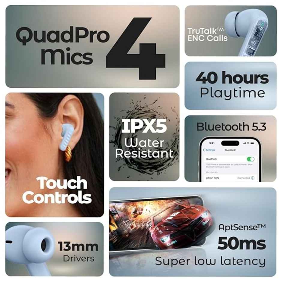 pTron Bassbuds Bliss TWS Earbuds | TruTalk ENC Calls | 40H Playtime | 50ms Game/Music Mode - Light Blue