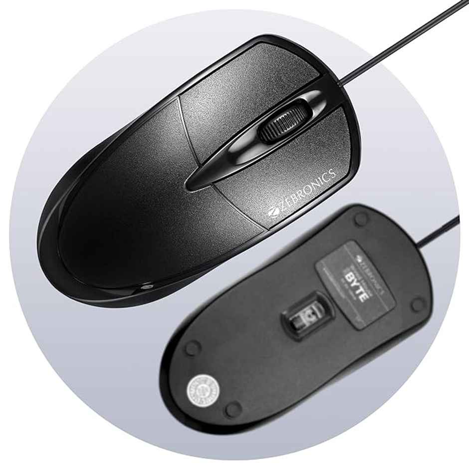 Zebronics Byte Wired Optical Mouse With 3 Buttons, High Precision, 1000 Dpi, Works On Most Surfaces - Black