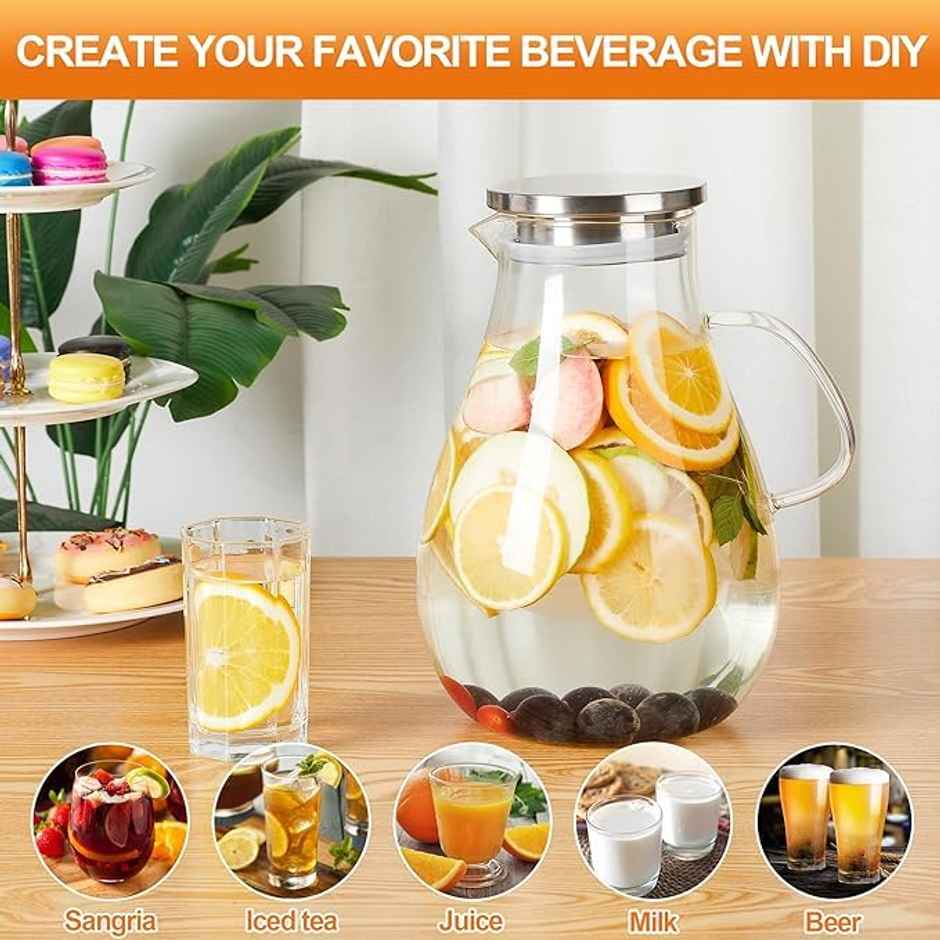 Femora Borosilicate Glass Water Jug With Handle Juice Beverage Carafe 1.8 Ltr (Bpa Free)