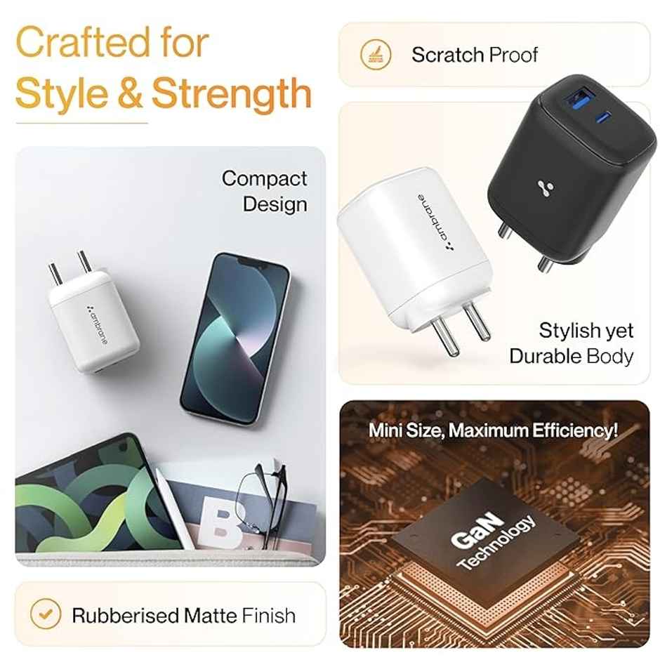 Ambrane 45W Dual Port GaN Charger, USB & Type C Port with QC & PD Technology Compatible with MacBook & Type-C Laptop Charging, iPhone, iPad, Samsung, Redmi, Mi, Oneplus, Oppo, Vivo (Charge 45) - Black