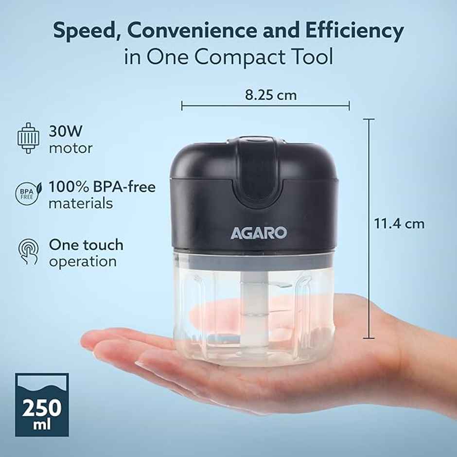 AGARO Elite Rechargeable Mini Electric Chopper, 250 Ml, Stainless Steel Blades, One Touch Operation,for Mincing Garlic,Ginger, Onion,Vegetable,Meat,Nuts - Black