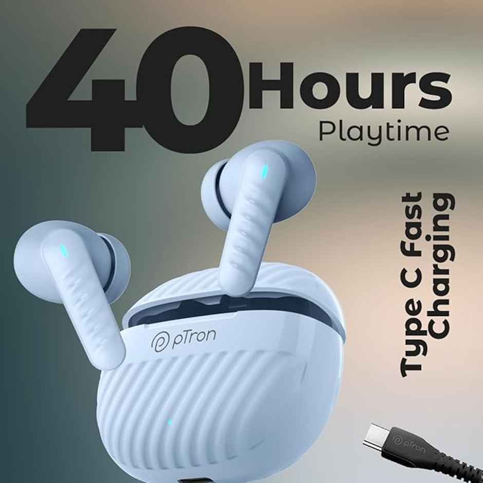 pTron Bassbuds Bliss TWS Earbuds | TruTalk ENC Calls | 40H Playtime | 50ms Game/Music Mode - Light Blue
