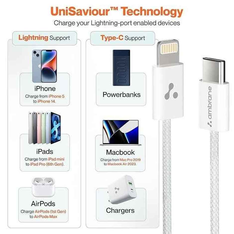 Ambrane Type-C To Lightning Cable, 22.5W Fast Charging Cable (Abtl-Q12, White)