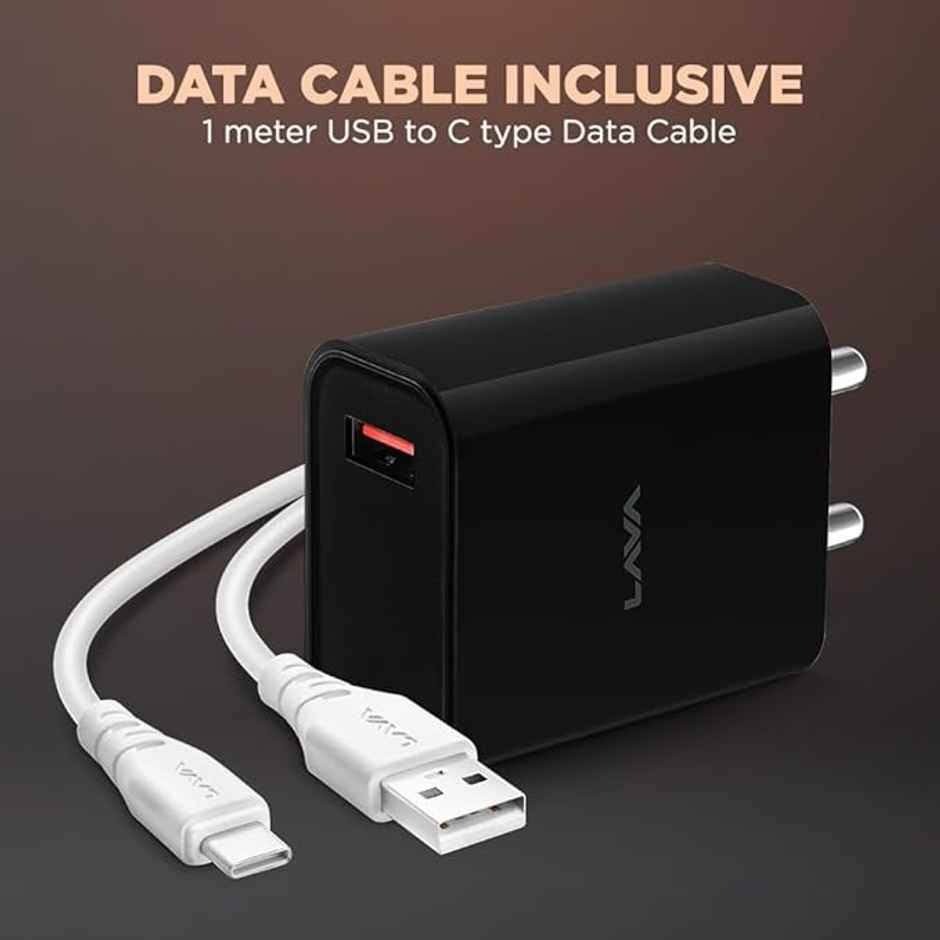 Lava 18W Fast USB Charger | with 3A USB to Type C 1M Cable | CH18 | Black