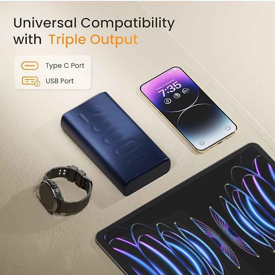 Ambrane 20000mAh Wired Powerbank, 22.5W Fast Charging, Triple Output (2 USB & 1 Type C), Power Delivery, Quick Charge for iPhone, Android & Other Devices, Made in India + Type C Cable (Stylo 20k) - Blue