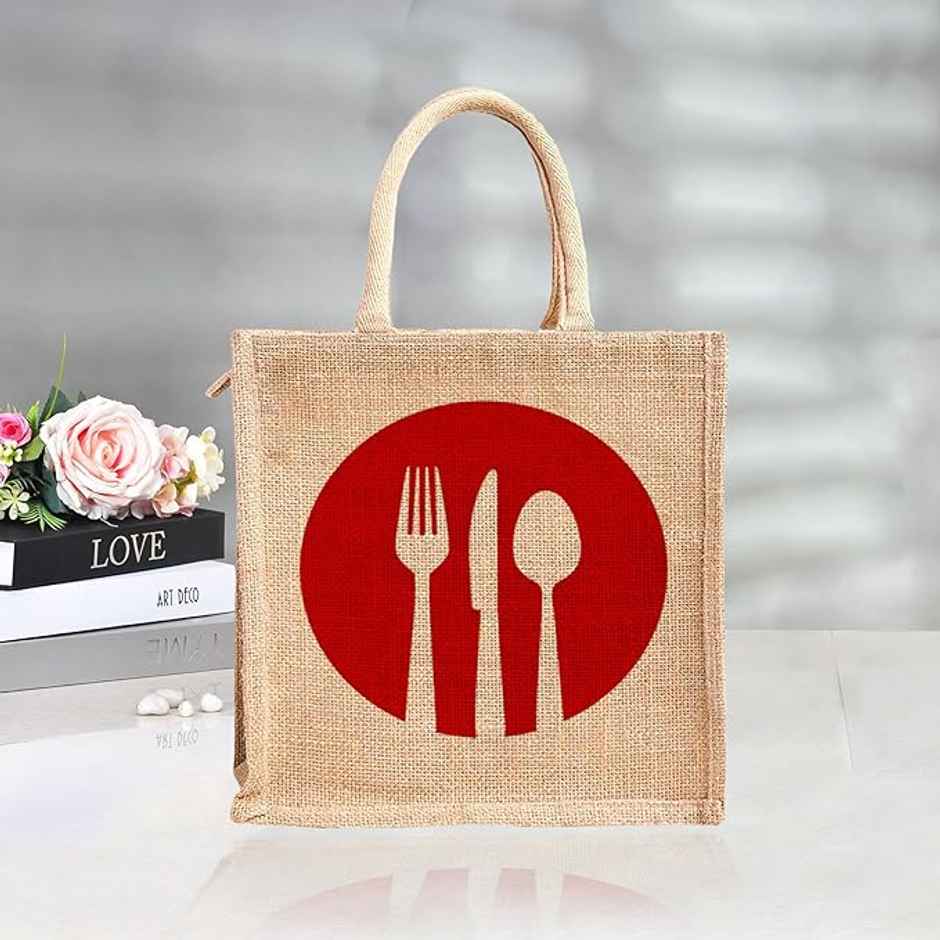 Kuber Industries Jute Red Spoon Fork Grocery Bag|Zipper Shopping Bag with Handle|Brown