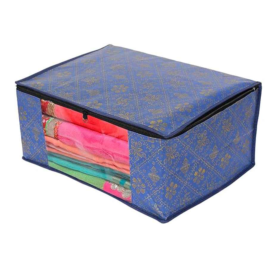 Perpetual Saree Organizer - Foldable Cover with Zip | Transparent Window | Blue | Pack of 6