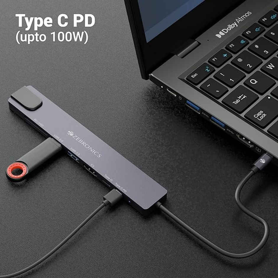 Zebronics CT81 8 in 1 USB C Hub 4K HDMI 100W PD USB 3.0 2 C 2 USB SD mSD RJ45 Metal