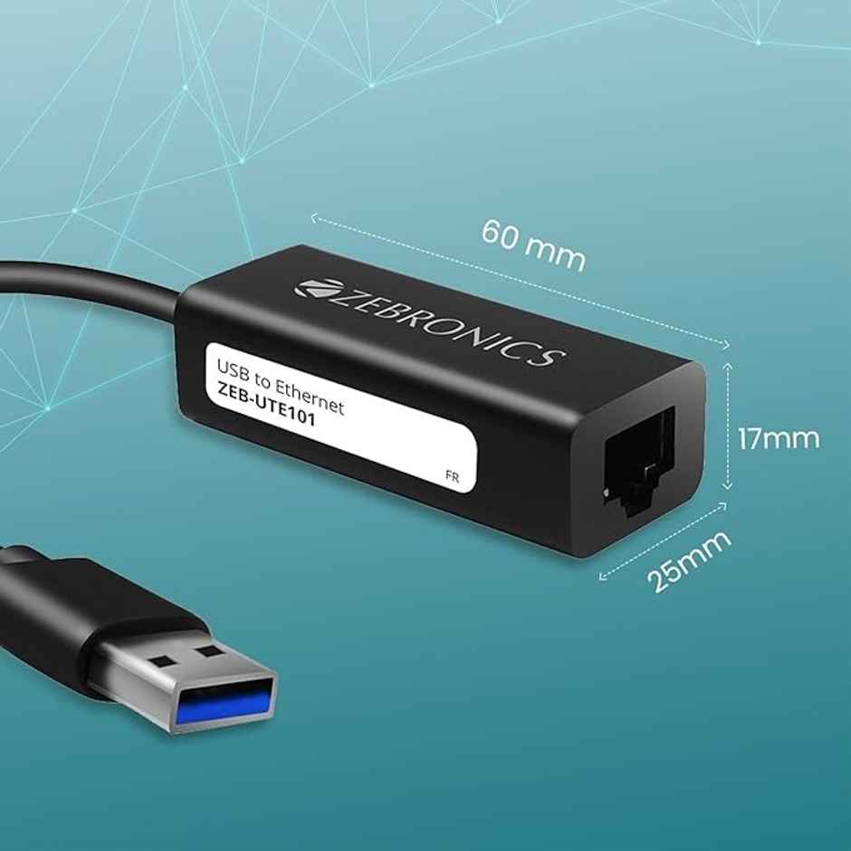 Zebronics Ute101 Usb To Rj45 Ethernet Lan Adapter, Up To 1000 Mbps, For Windows/Mac/Linux - Black