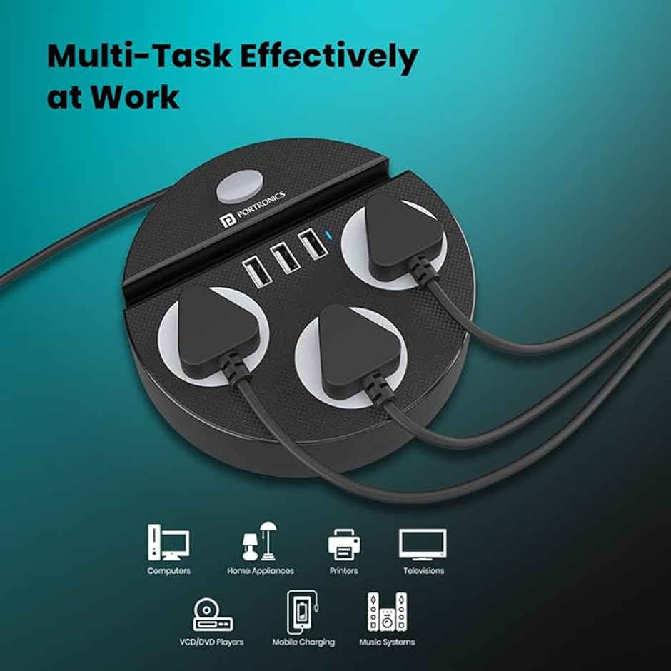 Portronics Power Plate 5, 1500W Power Converter with USB Charger & Mobile Holder 3AC Socket + 3USB Ports, 1.5 m Cord Length - Black