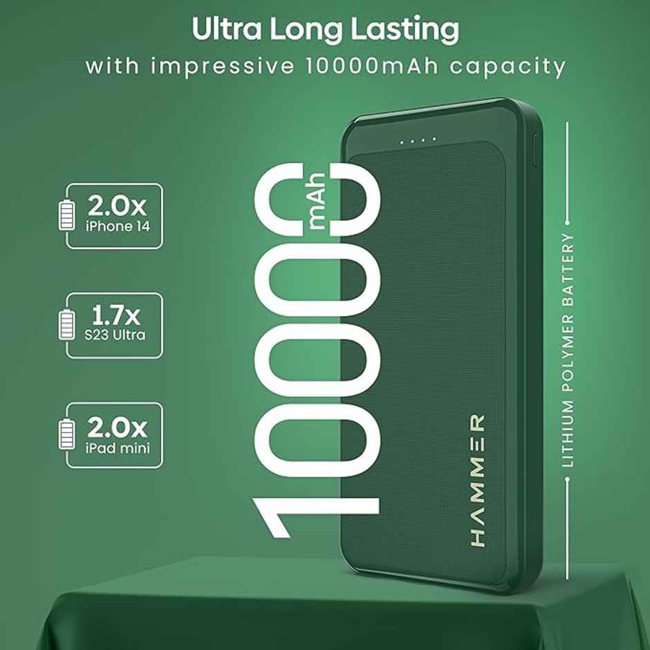 Hammer 10000 mAh 22.5W Power Bank Ultra Charge | Pd Fast Charging | 3 Output | 2 Input Ports - Green
