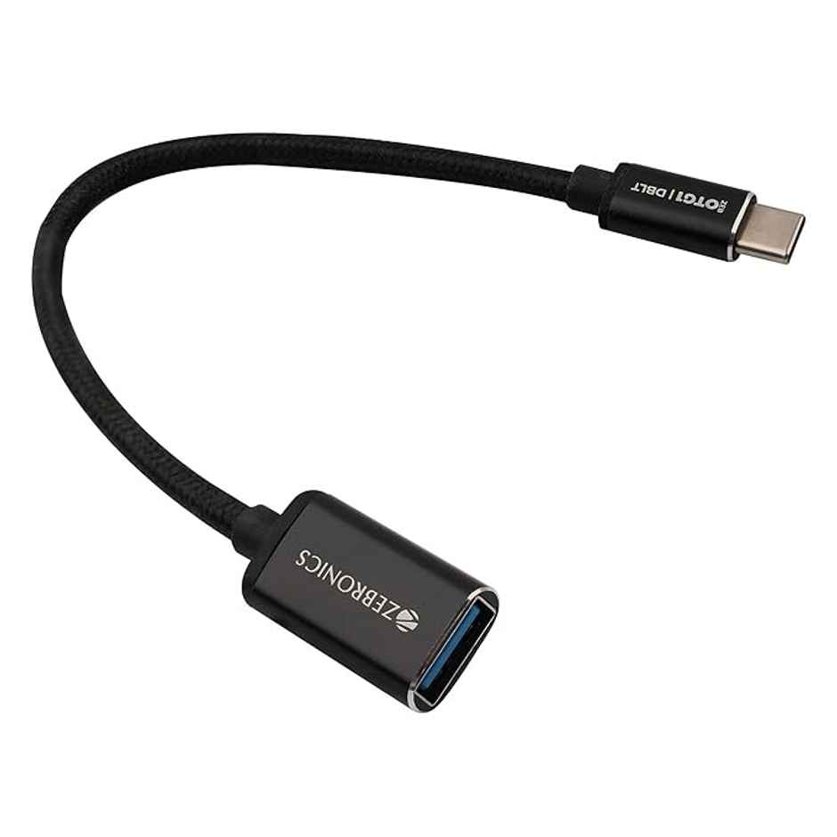 Zebronics OTG1 Type C to OTG Connector with Male Type-C 3.1 Gen 1, Female USB 3.0 5Gbps, 15cm Braided Cable, Metal Body, Sleek Design, for Smartphones, Tablets & Laptops - Black