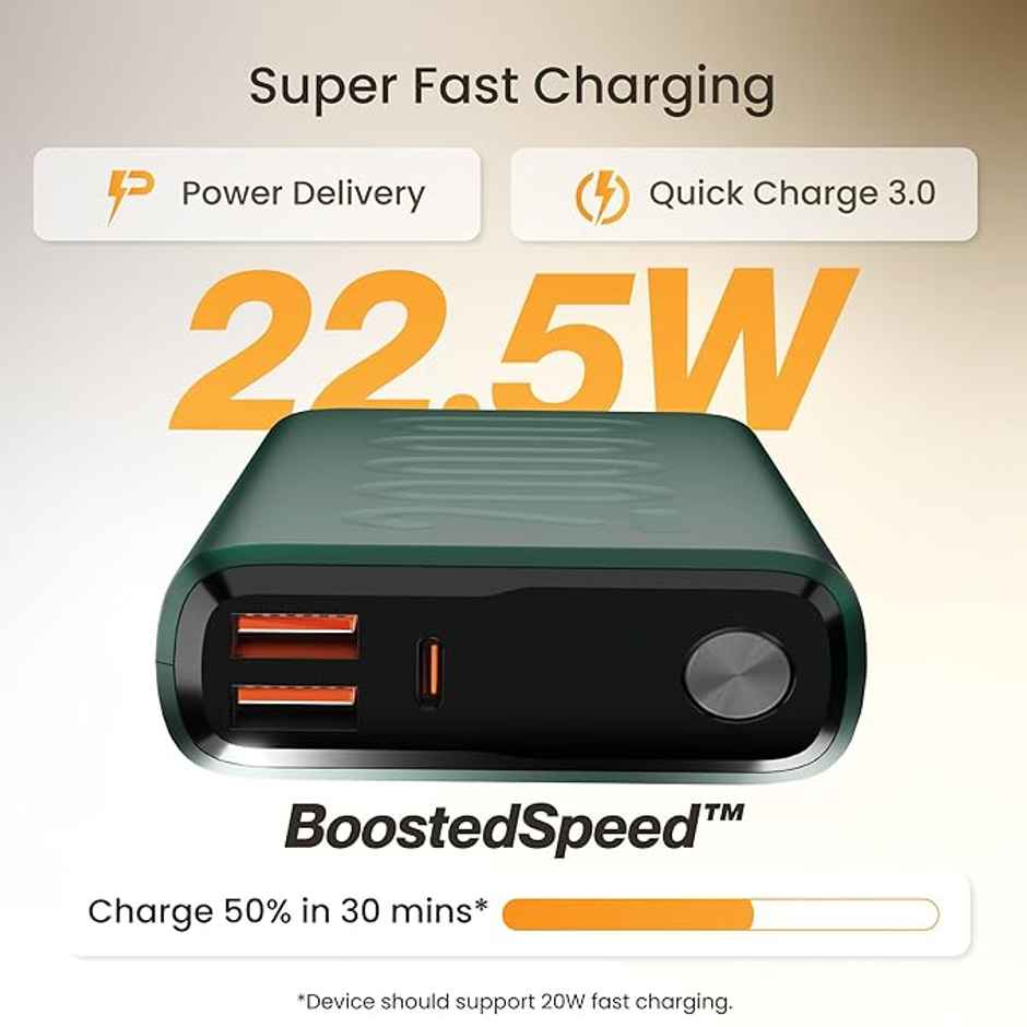 Ambrane 20000 mAh Powerbank, 22.5W Fast Charging, Triple Output (2 Usb & 1 Type C) (Stylo 20, Green)