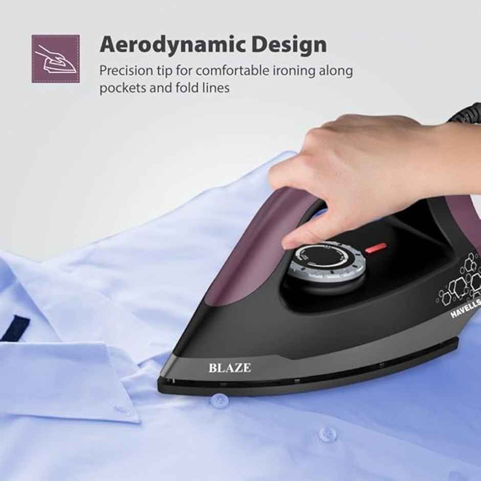 Havells Blaze Dry Iron 2 KG Heavy Weight Dry Iron, 1250W, American Heritage Non-stick Coated Sole Plate For Smooth Gliding & Long Life| Aerodynamic Design - Black