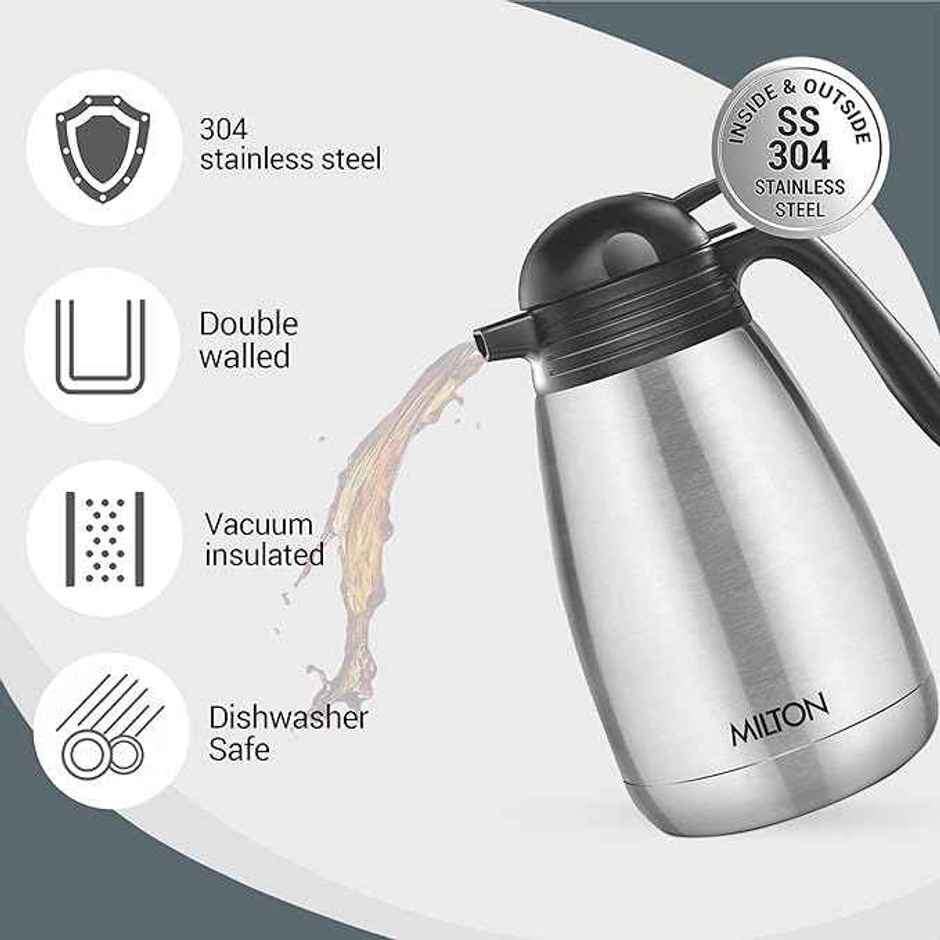 Milton Thermosteel Carafe 24 Hours Hot Or Cold Tea/Coffee Pot, 1500 ml, Silver, Stainless Steel