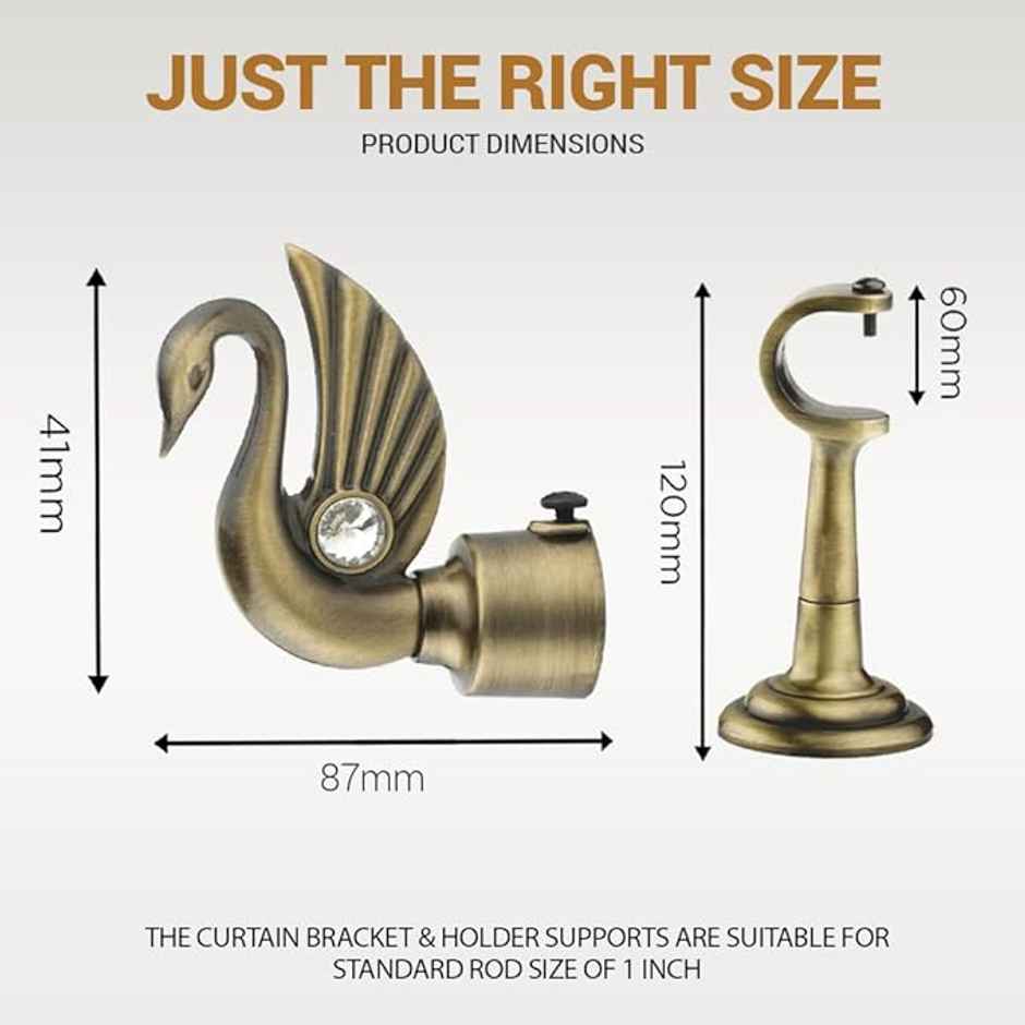 Gloxy Pair of 2 Swan Bird Shape Aluminium Curtain Brackets | 1 inch Rod Support Fitting | Antique