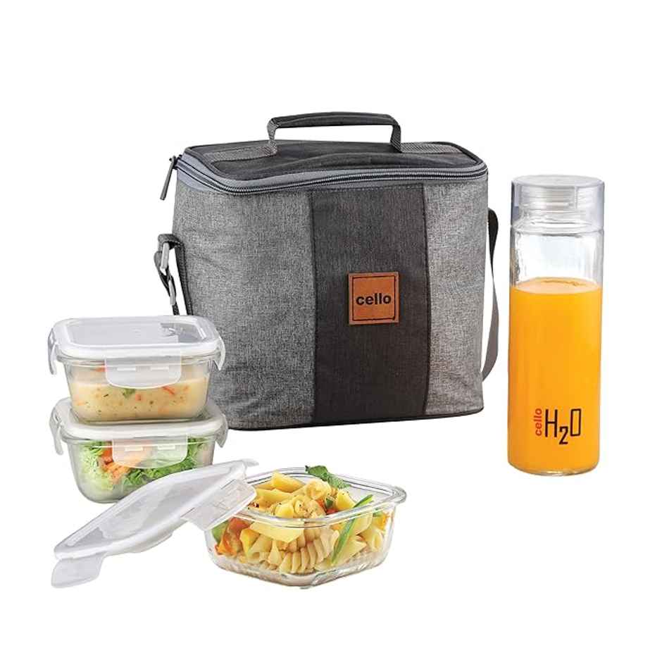 Cello Glassy Square Bottle Lunch Box | Borosilicate Glass | 3 x 320ml and 500 ml | Clear