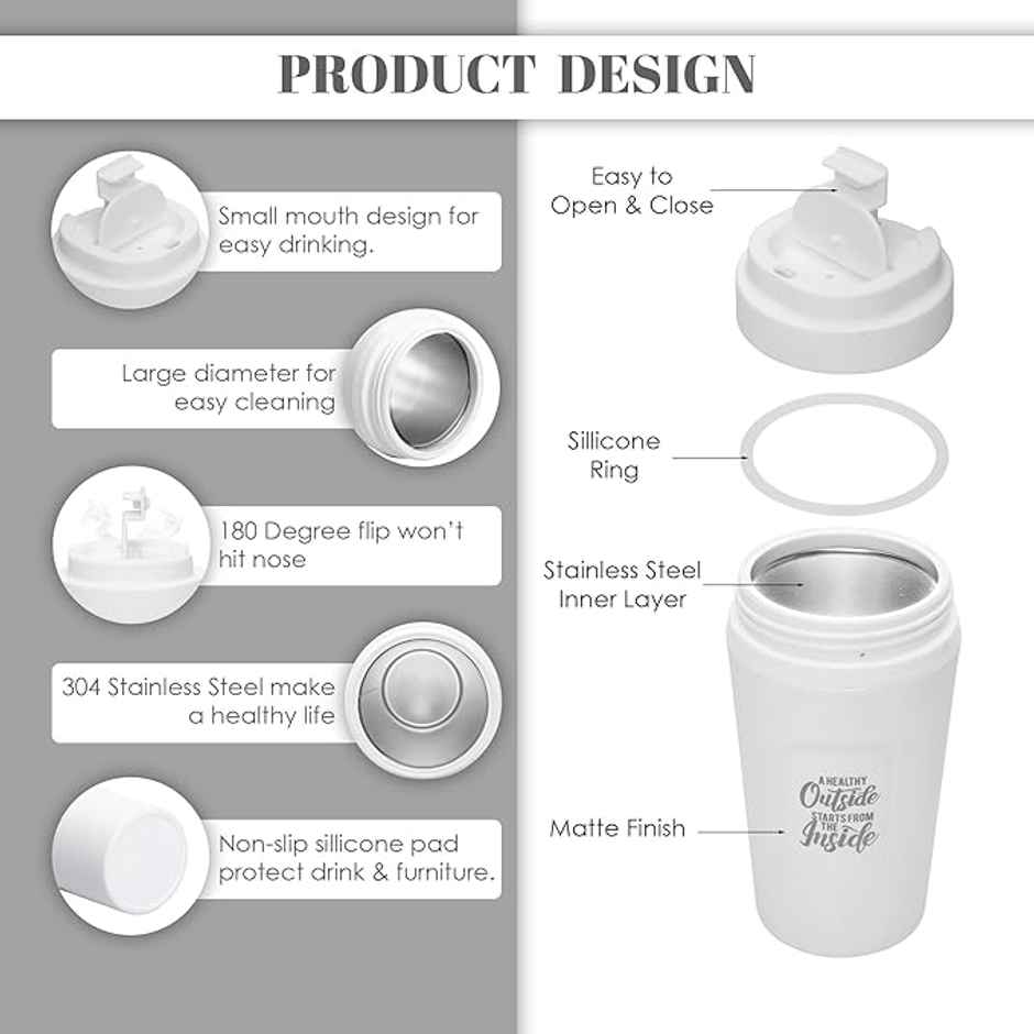 Jaypee ZIPSIP PU Insulated Stainless Steel Coffee Tumbler | Hot & Cold | White | 385 ml