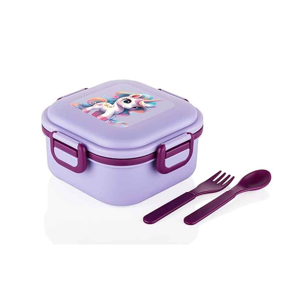 Attro Quick Bite Unicorn Magic Kids Lunch Box 800 ml with 3 Compartments | Fork & Spoon - Lavender
