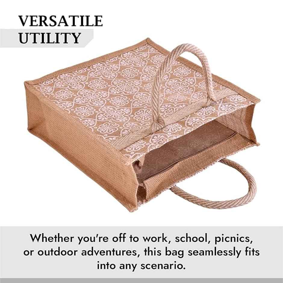 Kuber Industries Jute White Flower Grocery Bag with Handle|Medium|Brown