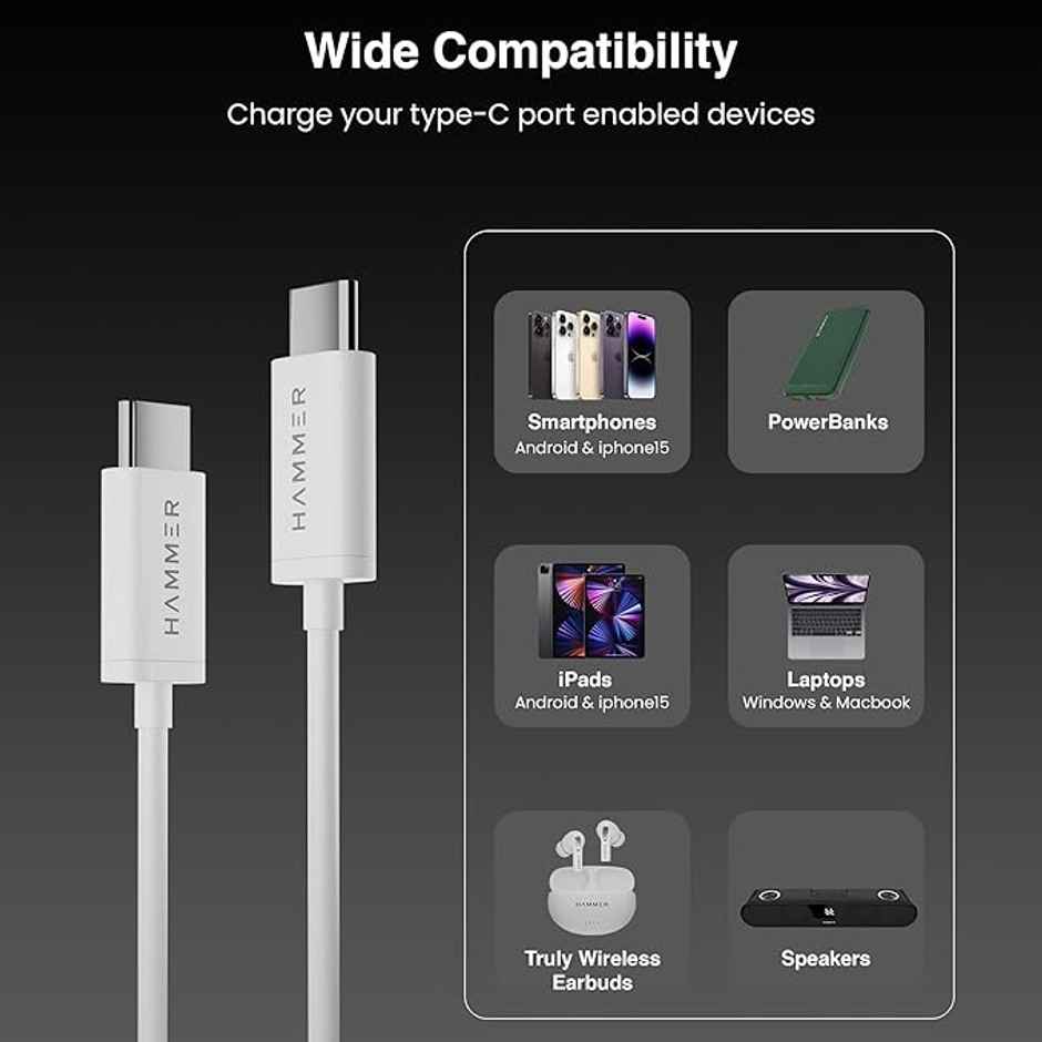 Hammer 1.5 Meter Type C To Type C 5A(100W) Pd Fast Charging Cable With Emk Chip|Rapid Data Transfer