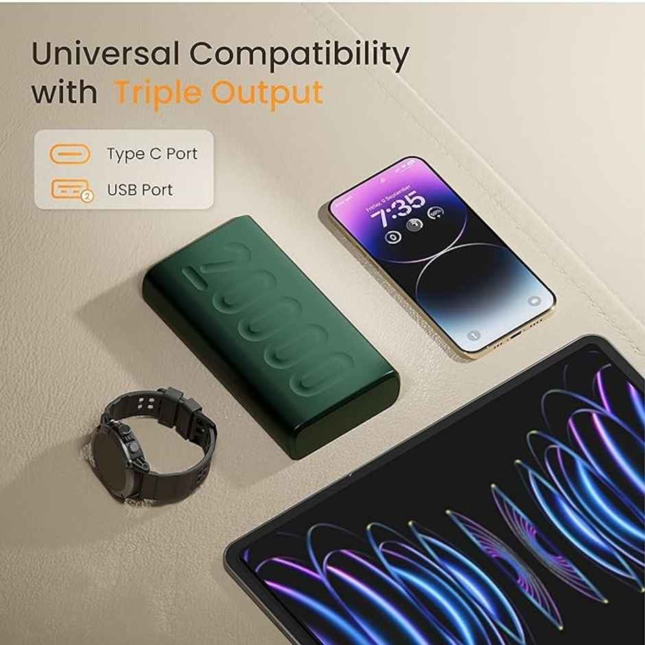 Ambrane 20000 mAh Powerbank, 22.5W Fast Charging, Triple Output (2 Usb & 1 Type C) (Stylo 20, Green)