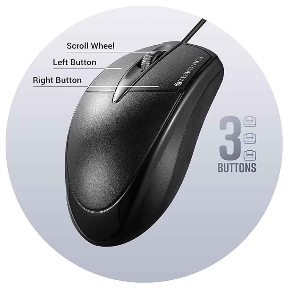 Zebronics Byte Wired Optical Mouse With 3 Buttons, High Precision, 1000 Dpi, Works On Most Surfaces - Black