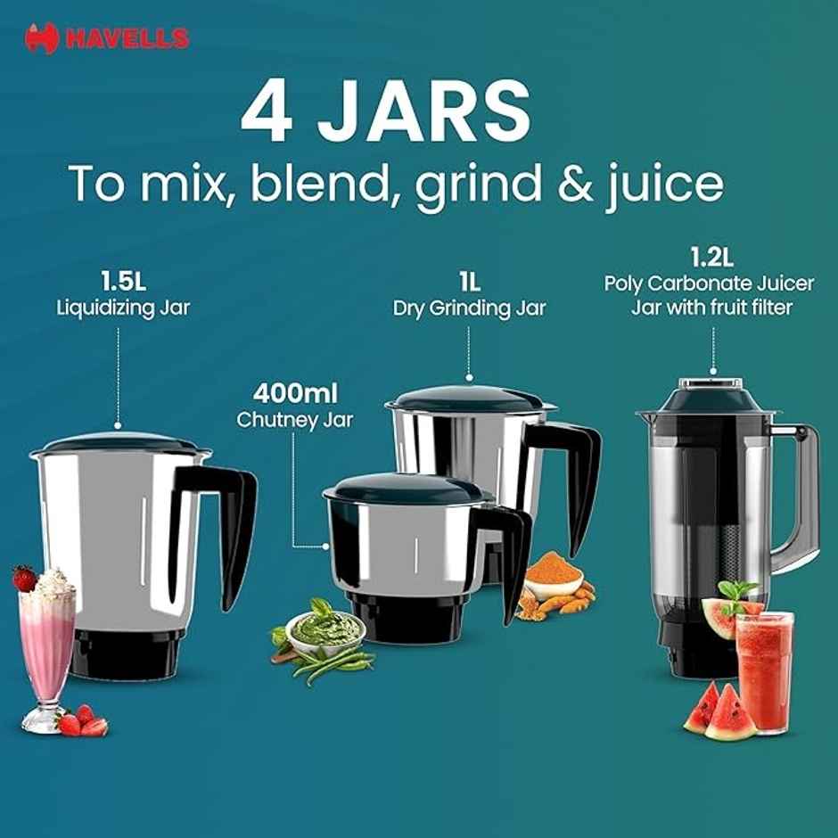 Havells ESO Mixer Grinder | 750 W | 4 Jars | 304 SS Blades | High Speed | 21000 RPM - Teal & Black