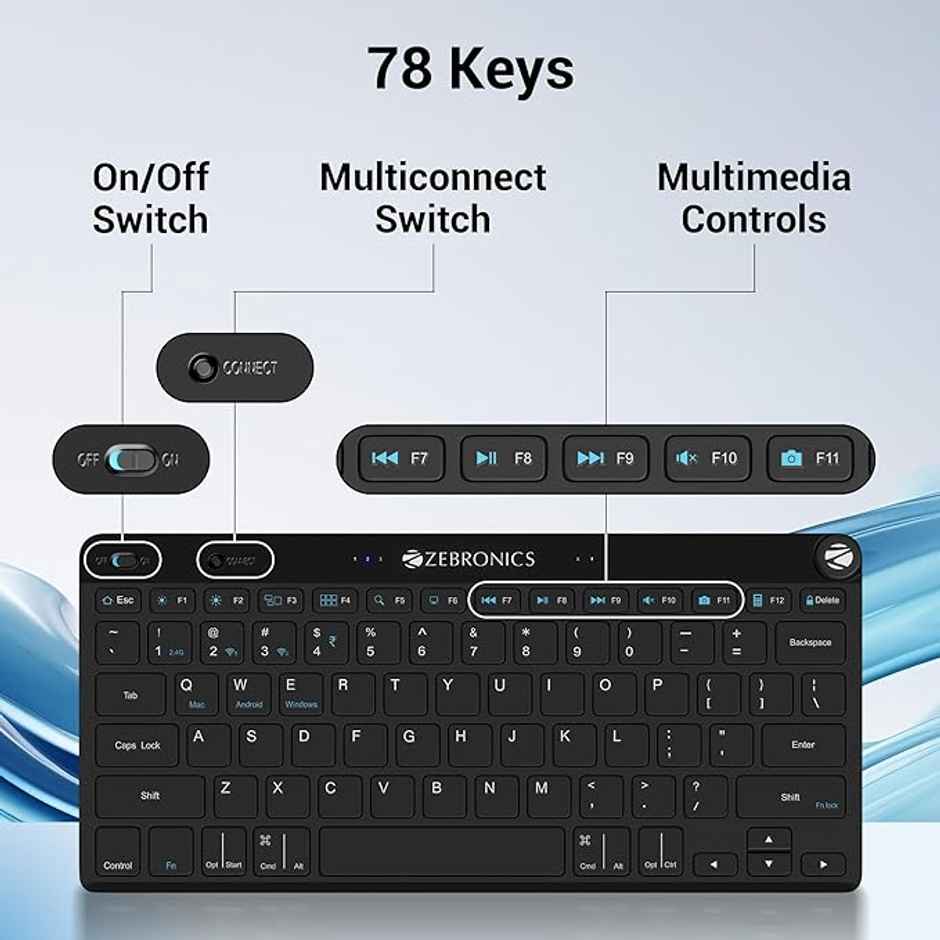 Zebronics KEYPAD X1 Wireless Bluetooth Keyboard, Scissor Switches, 2.4GHz & Dual BT for (Mac | Android | Windows), Volume/Media Control Knob, Integrated Multimedia Keys - Black