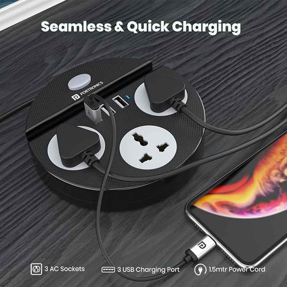 Portronics Power Plate 5, 1500W Power Converter with USB Charger & Mobile Holder 3AC Socket + 3USB Ports, 1.5 m Cord Length - Black