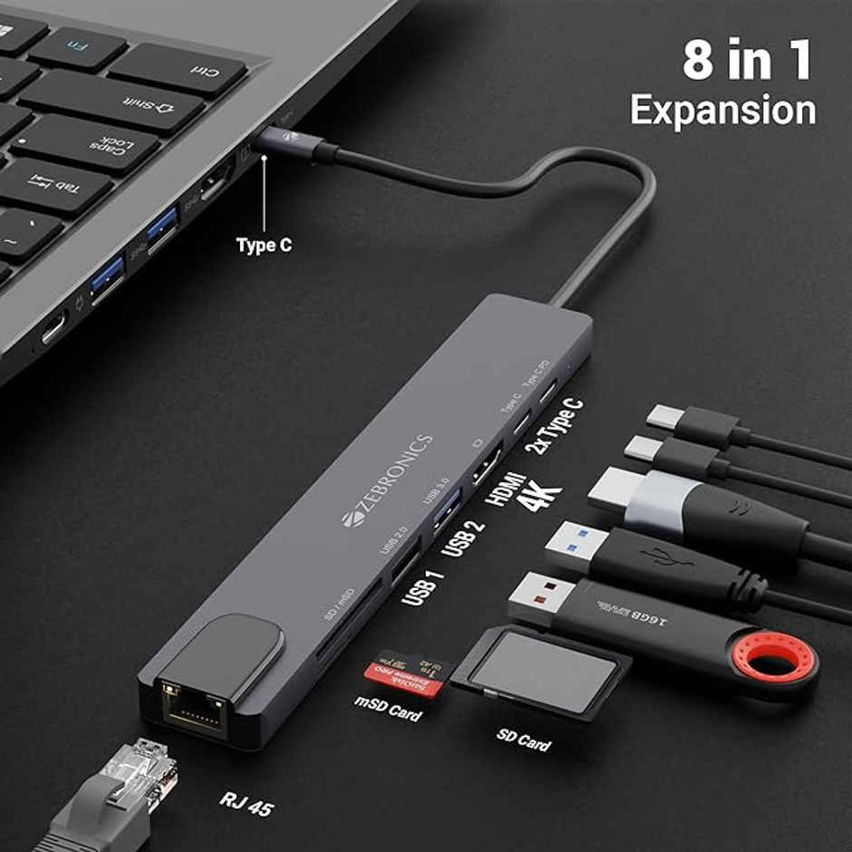 Zebronics CT81 8 in 1 USB C Hub 4K HDMI 100W PD USB 3.0 2 C 2 USB SD mSD RJ45 Metal