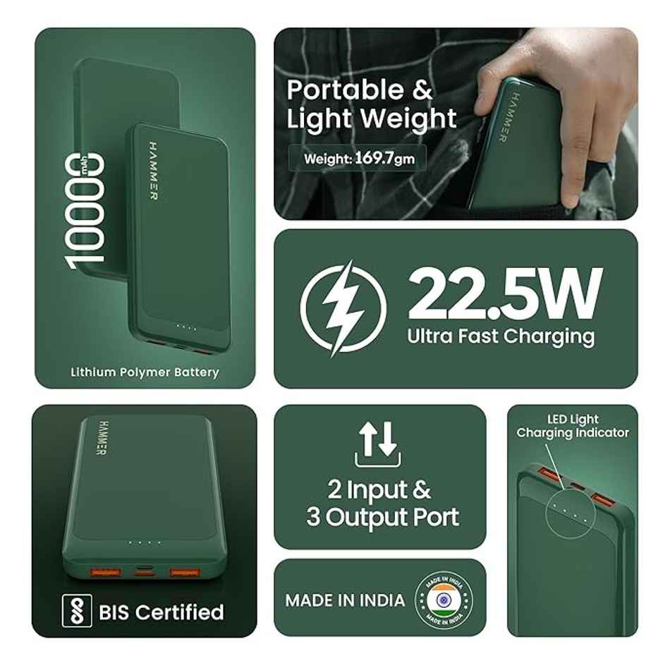 Hammer 10000 mAh 22.5W Power Bank Ultra Charge | Pd Fast Charging | 3 Output | 2 Input Ports - Green
