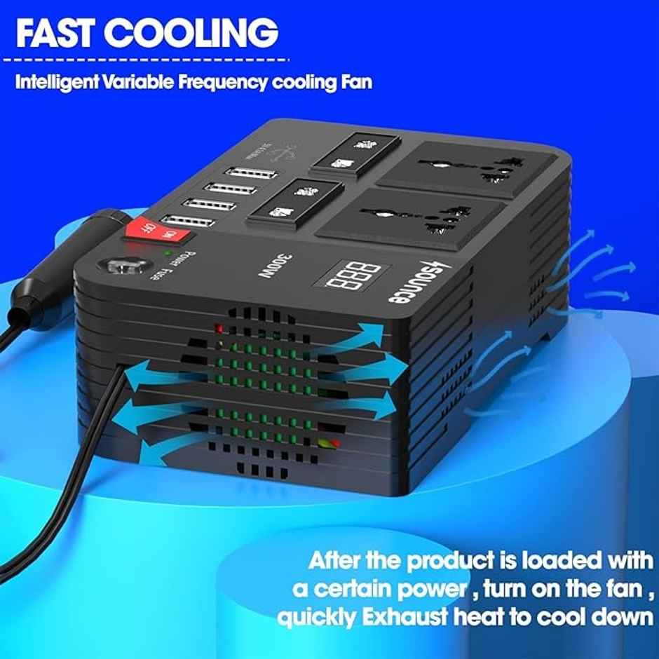 Sounce 300W Car Inverter | 4 USB Ports | DC 12V to 220V with LED Voltage Display & Fuse | Black
