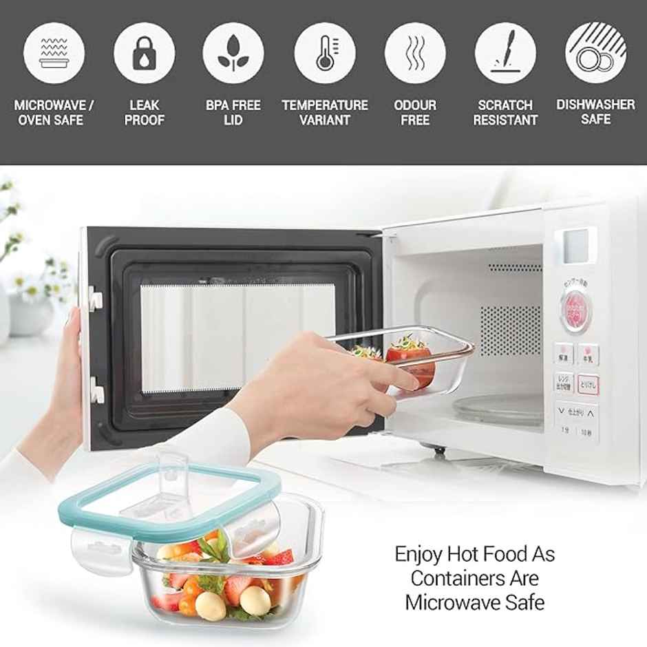 Treo By Milton All Fresh Square Glass Tiffin Containers With Bag, 3 Containers, 320 ml Each, Grey